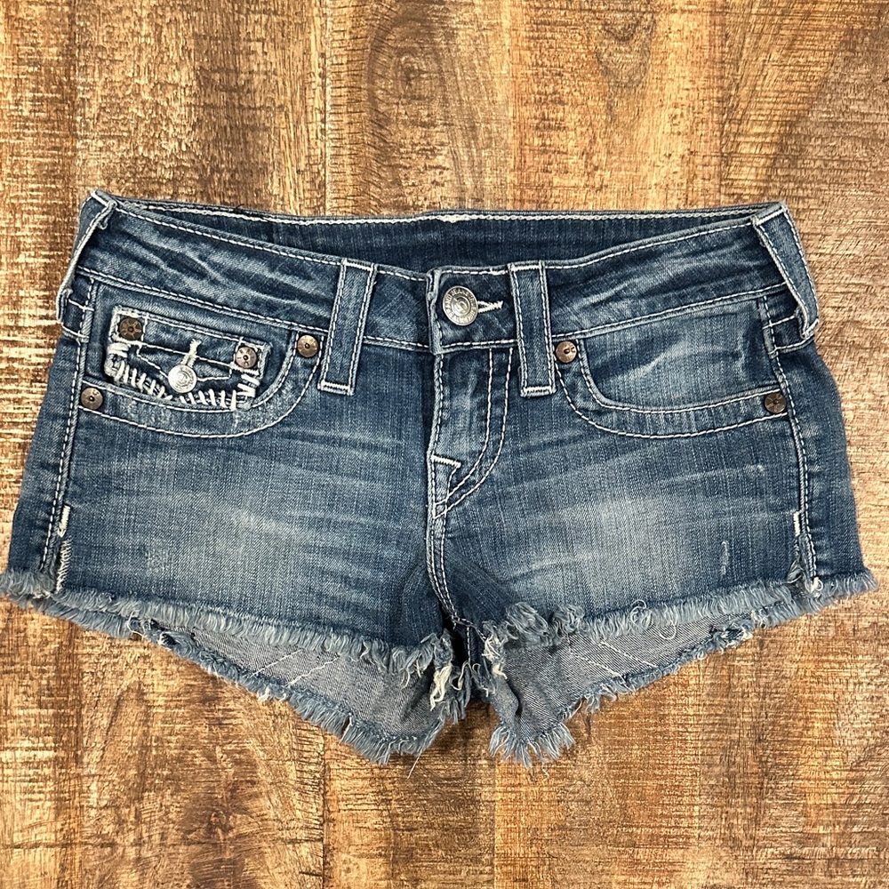 True Religion Women’s Low-Rise Blue Denim Shorts with Frayed Hem